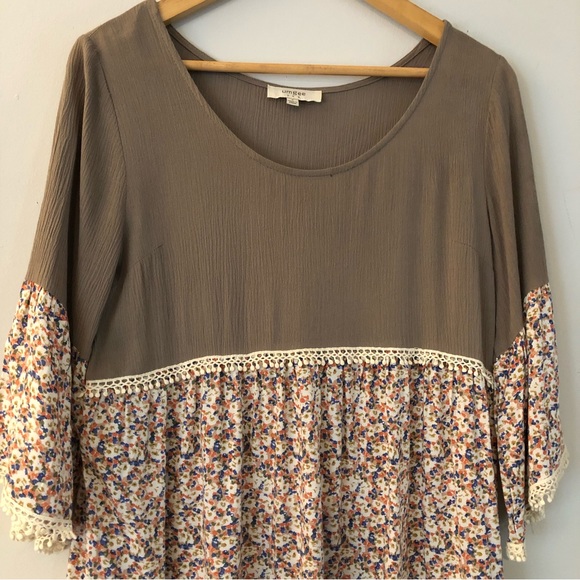 Umgee Boho Print Block, Crochey Trim Shift Tunic Blouse - Size Small - Picture 4 of 14